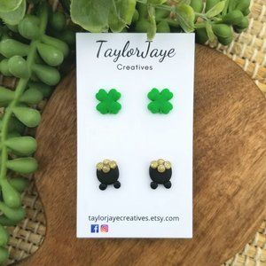 Shamrock and pots of gold stud earrings